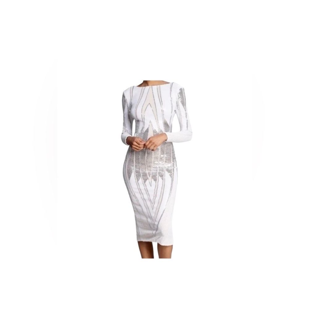 Dress the Population White Silver Emery Long Sleeve Sequin BodyCon Midi Dress